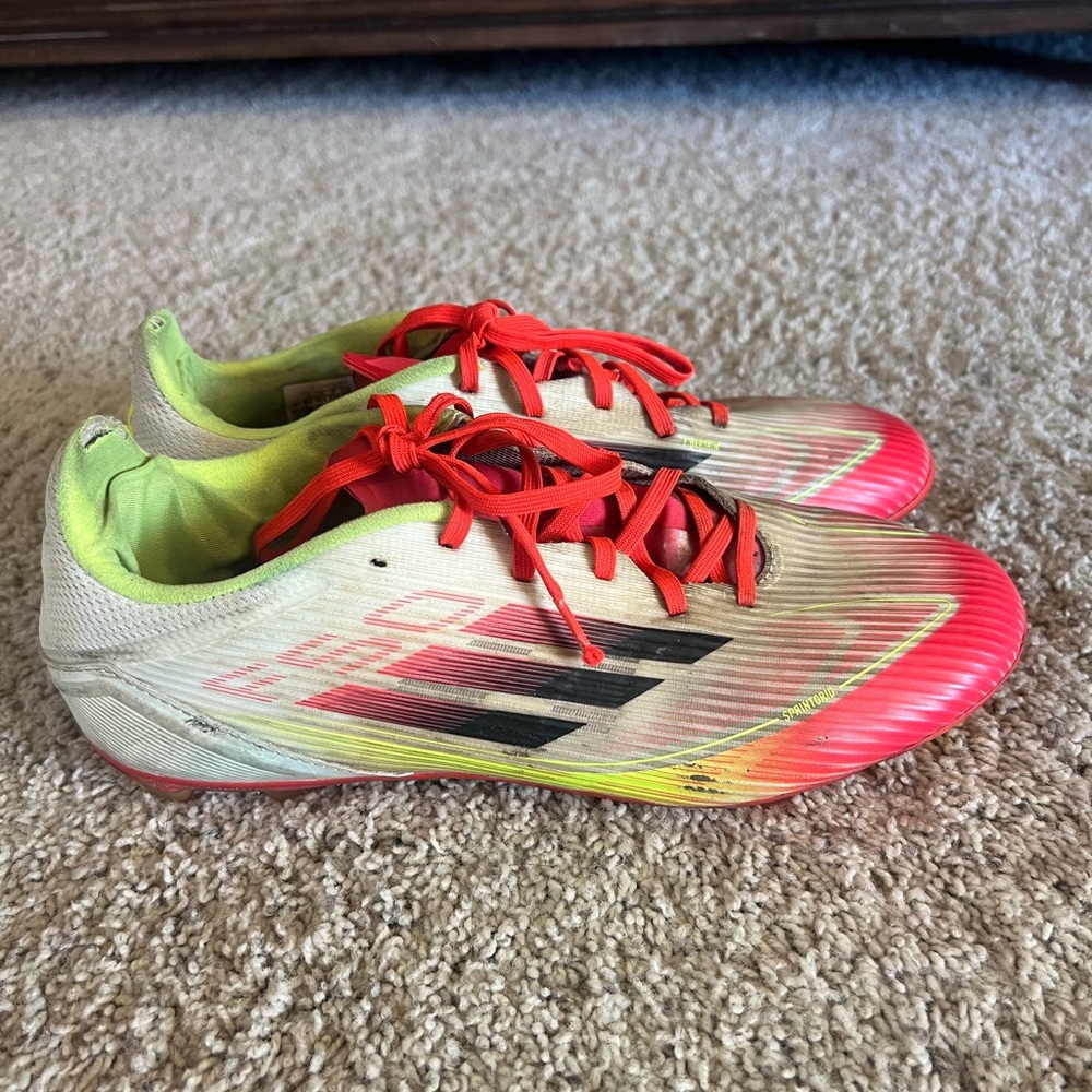 Adidas F50 cleats with Red and Neon Yellow